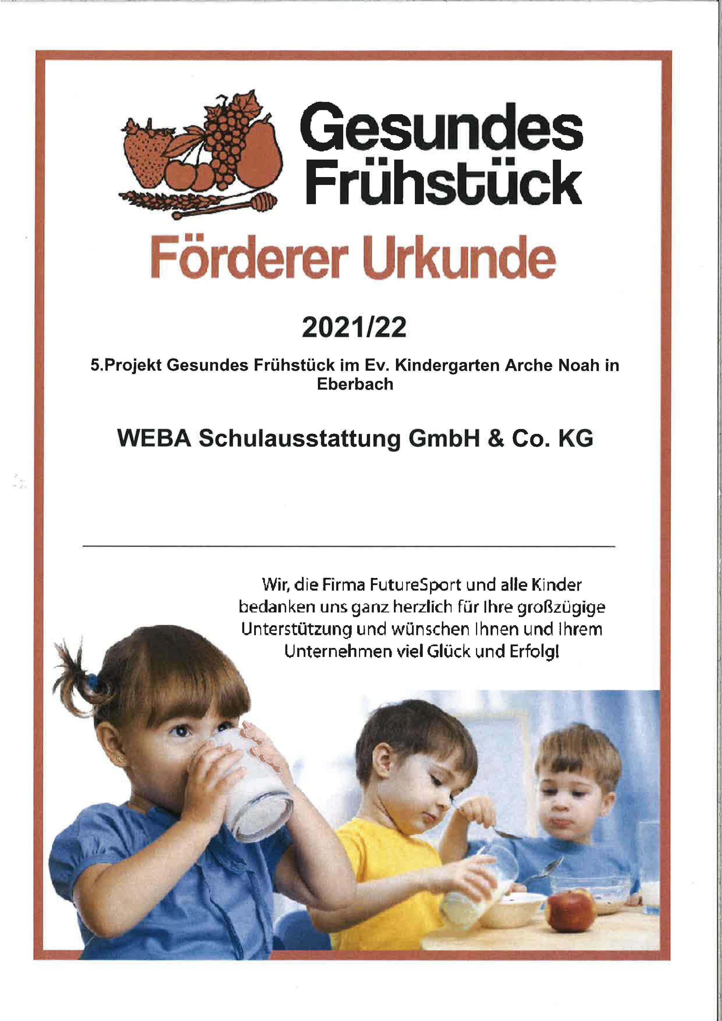 WEBA Förderurkunde "Gesundes-Frühstück Ev-Kindergarten-Eberbach"
