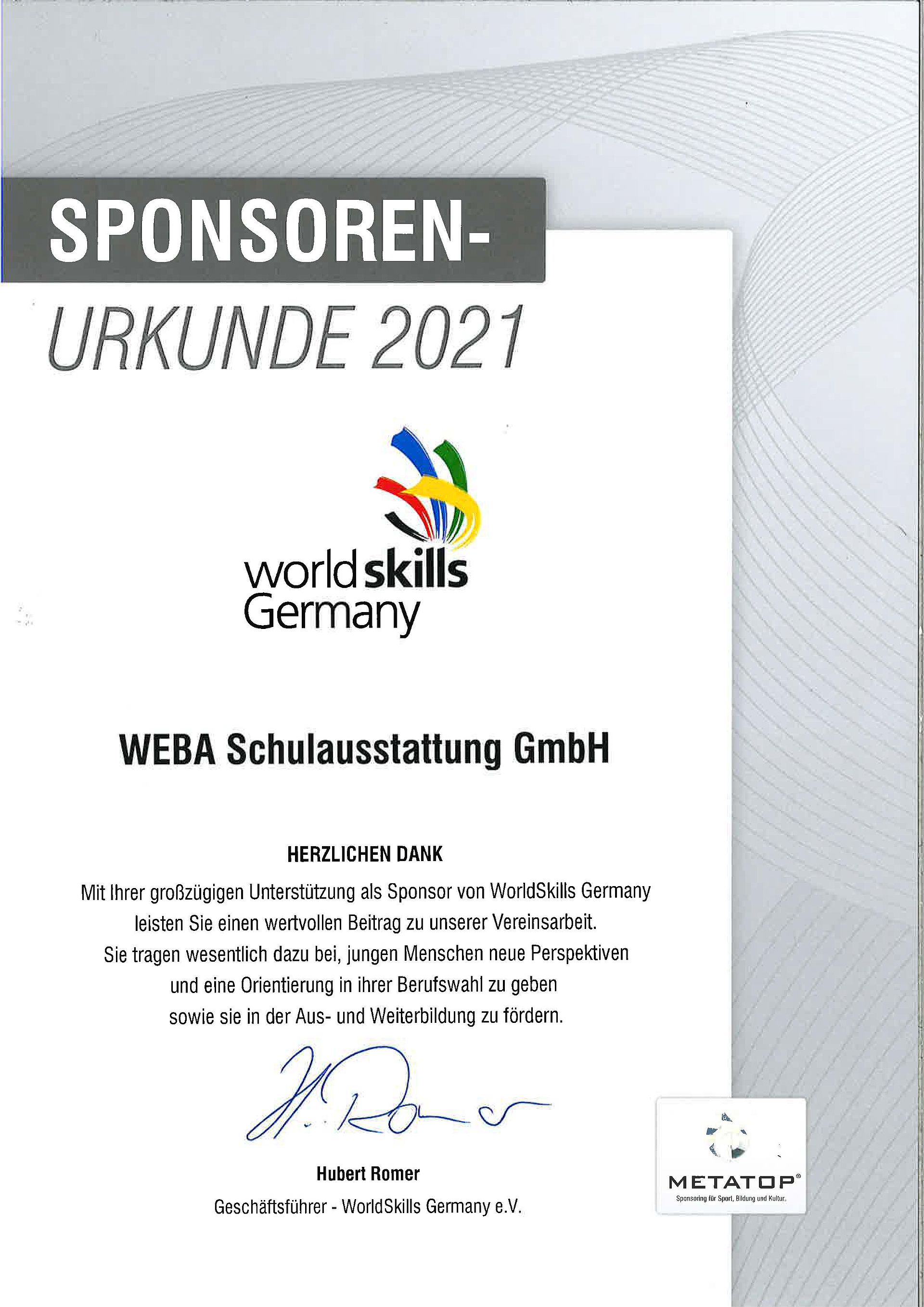 WEBA Sponsorenurkunde "WorldSkills Germany"